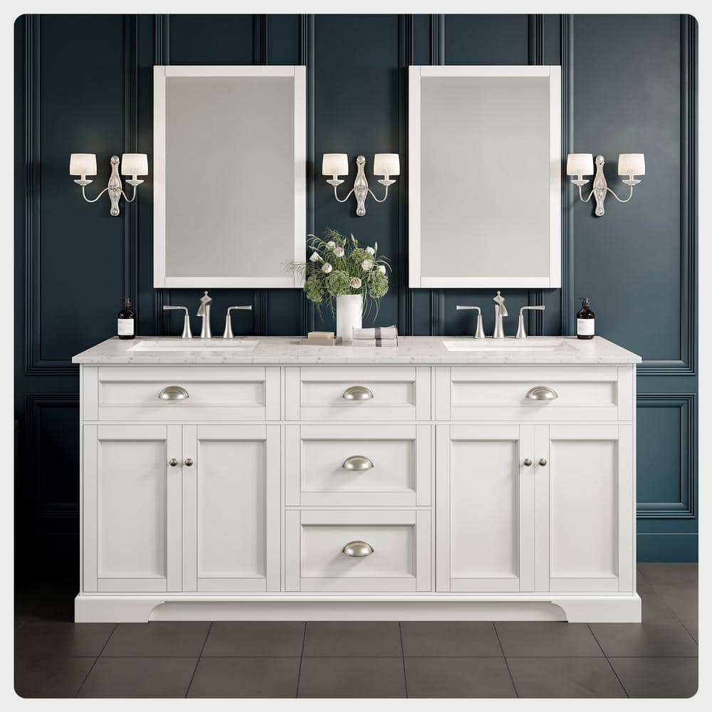 Eviva Epic 72 in. W x 22 in. D x 34 in. H Double Bathroom Vanity in White with White Carrara Quartz Top and White Undermount Sinks