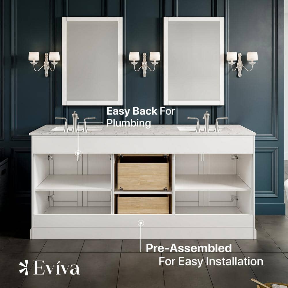 Eviva Epic 72 in. W x 22 in. D x 34 in. H Double Bathroom Vanity in White with White Carrara Quartz Top and White Undermount Sinks