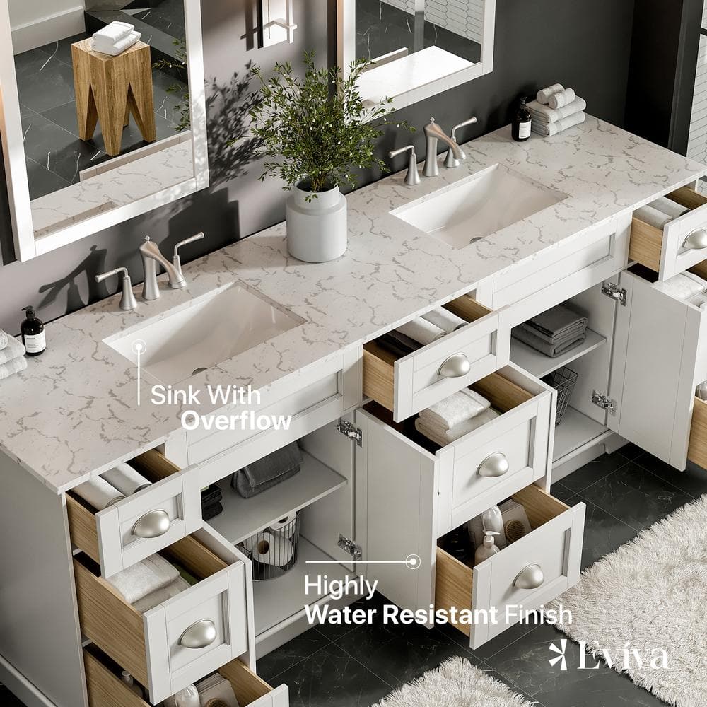 Eviva Epic 84 in. W x 22 in. D x 34 in. H Double Bathroom Vanity in White with White Quartz Top and White Undermount Sinks