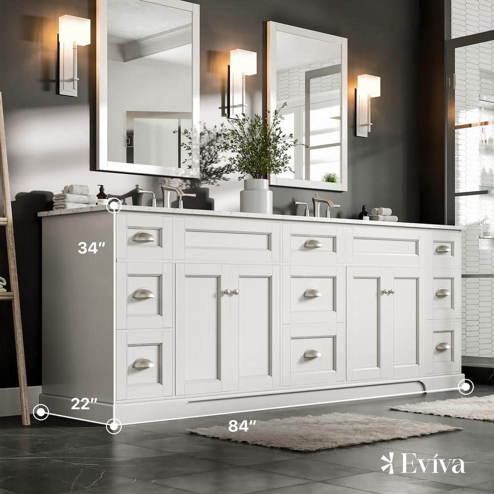 Eviva Epic 84 in. W x 22 in. D x 34 in. H Double Bathroom Vanity in White with White Quartz Top and White Undermount Sinks