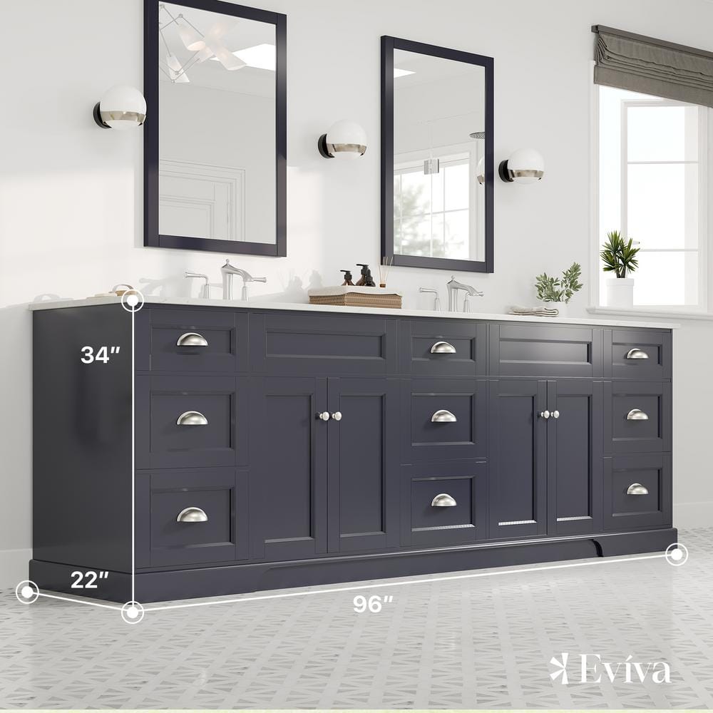 Eviva Epic 96 in. W x 22 in. D x 34 in. H Double Bathroom Vanity in Charcoal Gray with White Quartz Top and White Undermount Sinks