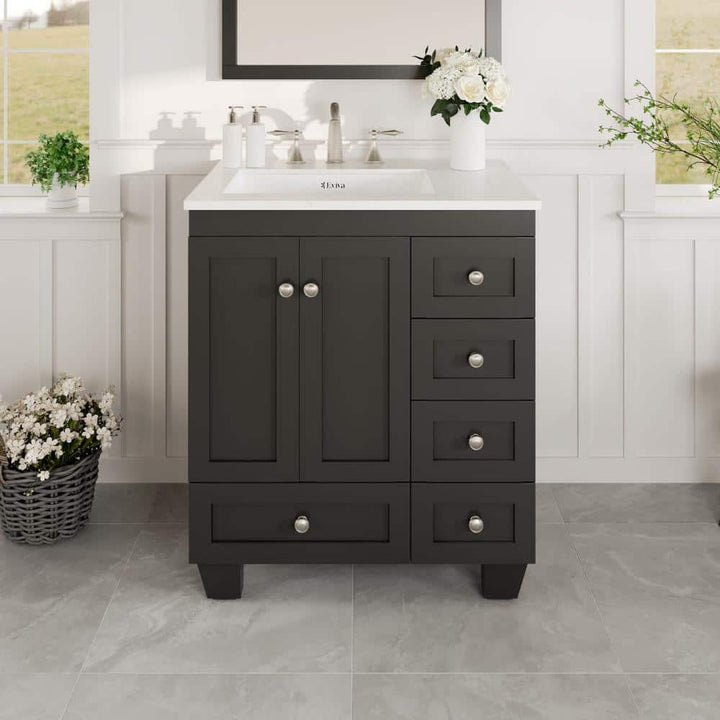 Eviva Acclaim 28 in. W x 22 in. D x 34 in. H Bath Vanity in Espresso with White Carrara Quartz Top with White Sink