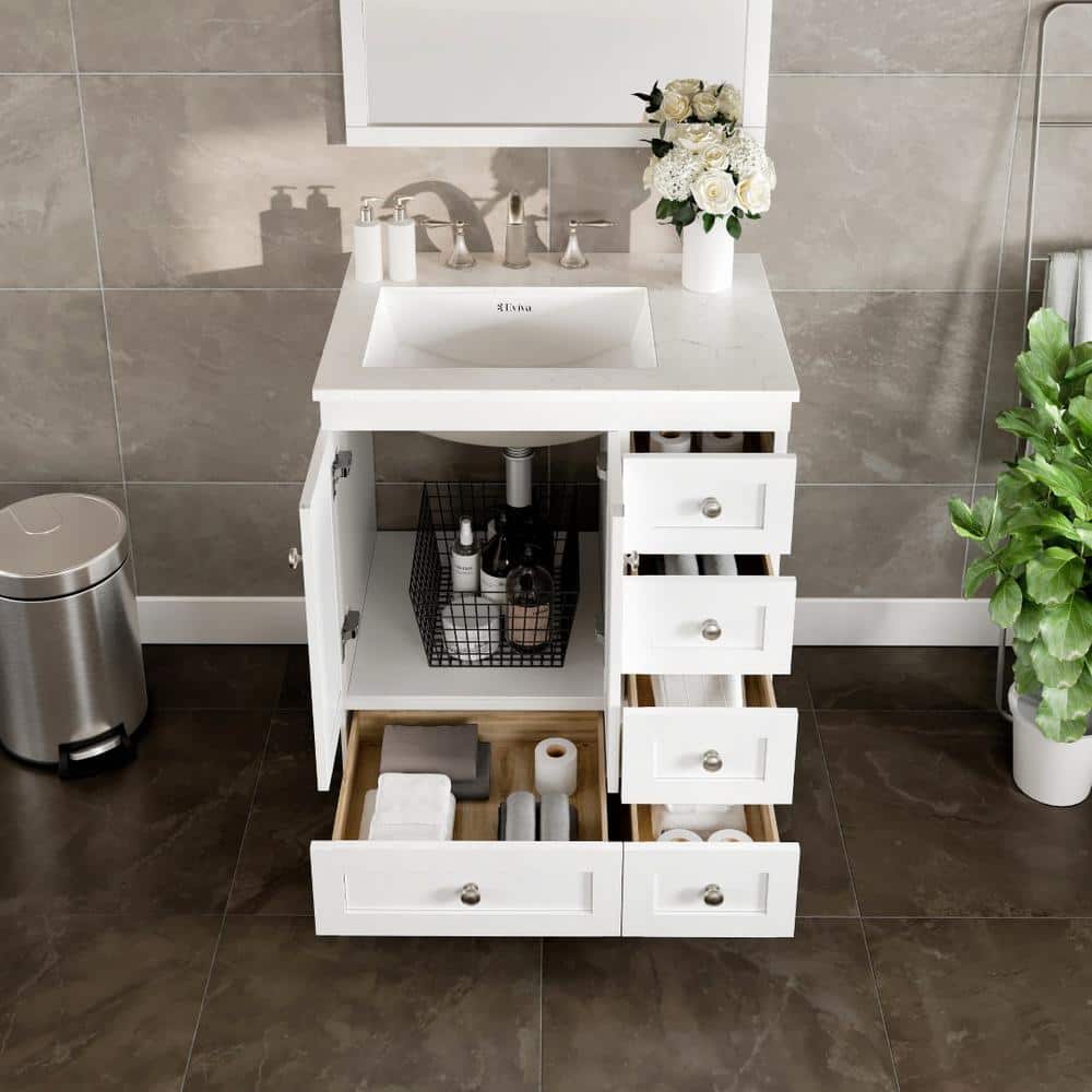 Eviva Acclaim 28 in. W X 22 in. D X 34 in. H Bath Vanity in White with White Carrara Quartz Top with White Sink