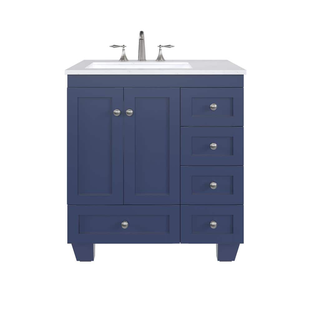 Eviva Acclaim 30 in. W x 22 in. D x 34 in. H Single Sink Freestanding Bath Vanity in Blue with White Carrara Quartz Top