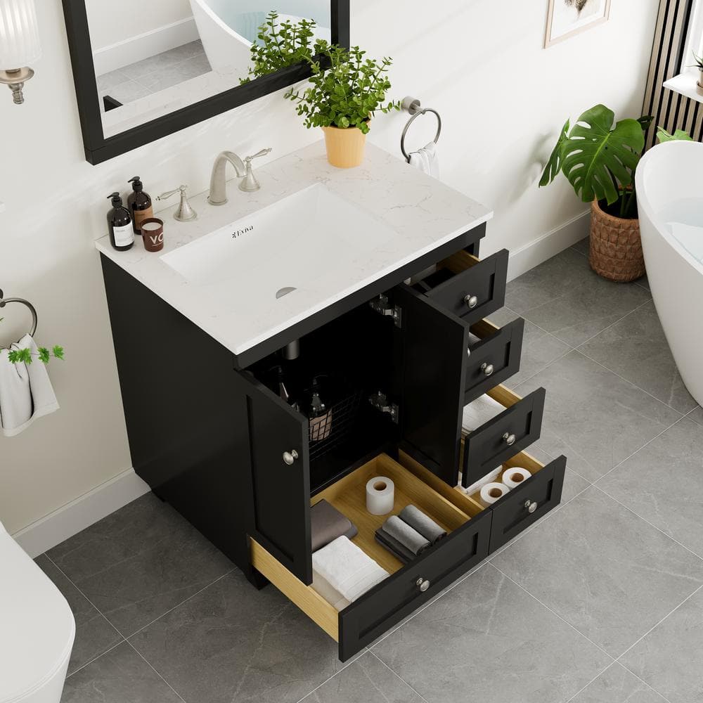 Eviva Acclaim 30 in. W x 22 in. D x 34 in. H Bath Vanity in Espresso with White Carrara Marble Top and White Sink