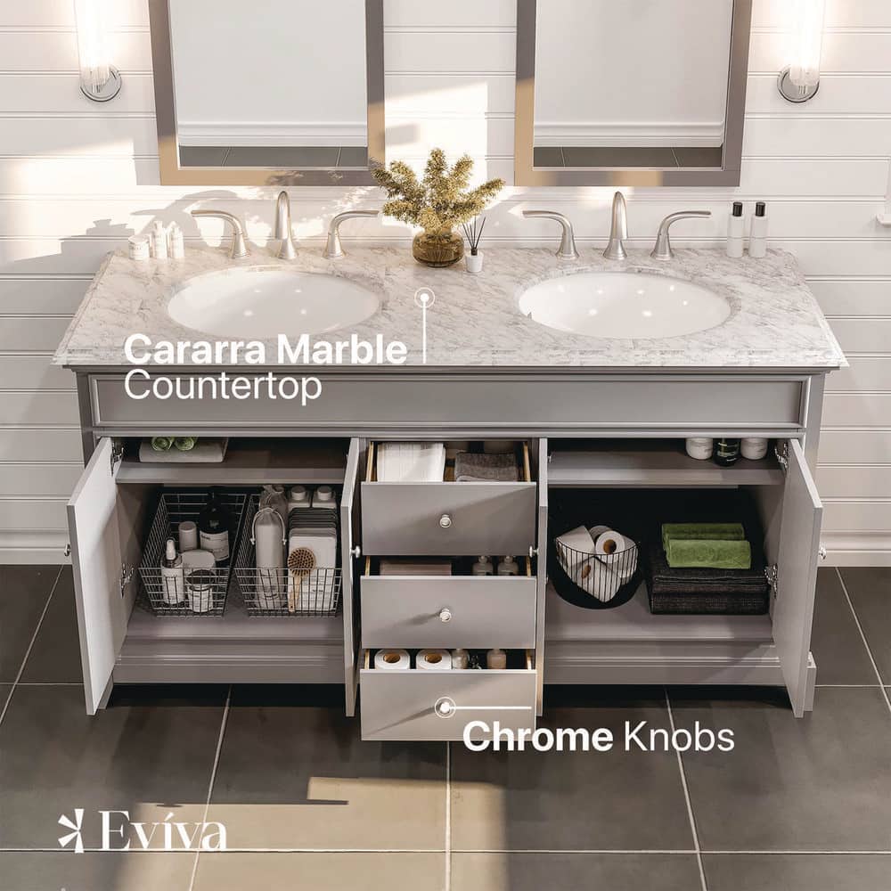 Eviva Elite Stamford 60 in. W x 24 in. D x 36 in. H Double Bath Vanity in Teak with Crema Marfil Marble Top