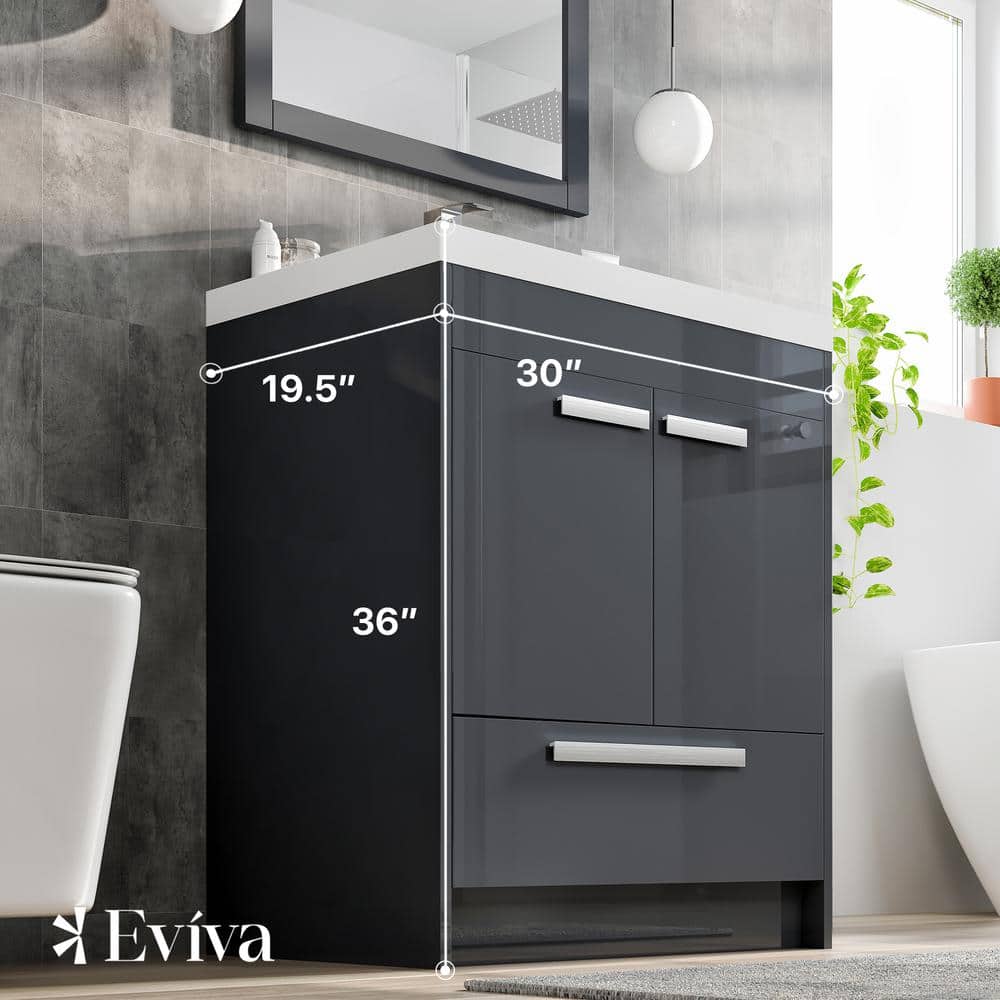 Eviva Lugano 30 in. W x 19 in. D x 36 in. H Single Bath Vanity in Gray with White Acrylic Top with White Integrated Sink
