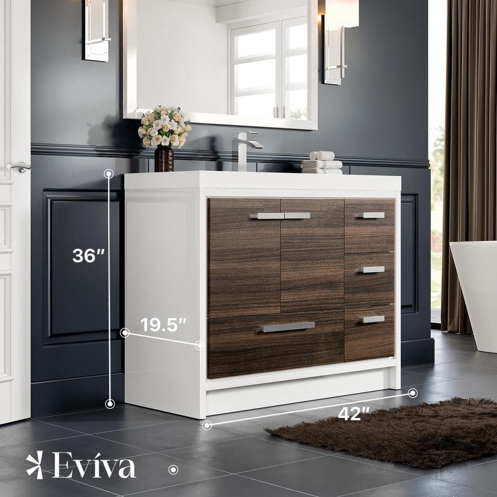 Eviva Grace 42 in. W x 20 in. D x 36 in. H Bathroom Vanity in Gray Oak with White Acrylic Vanity Top with White Sink