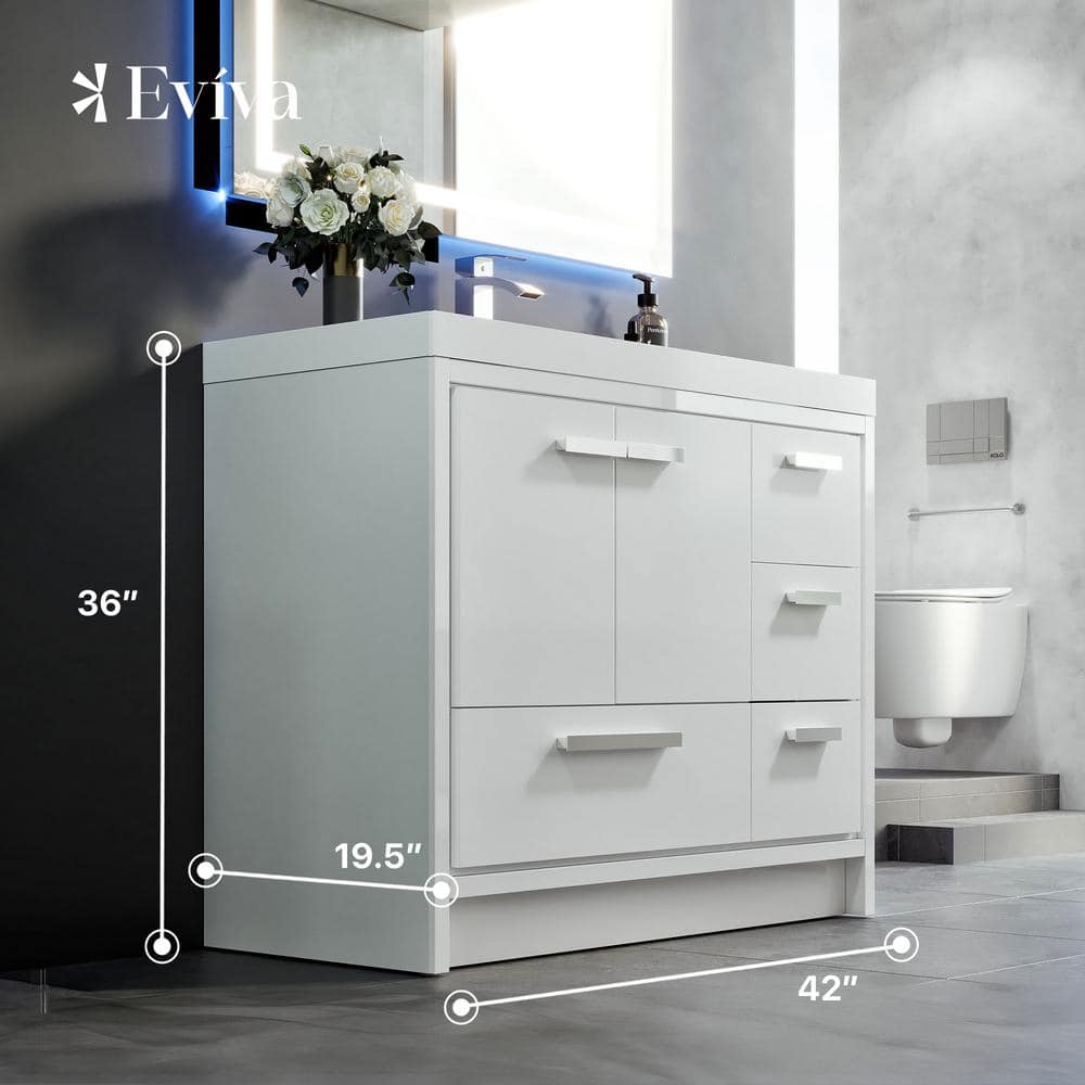 Eviva Grace 42 in. W x 20 in. D x 36 in. H Bathroom Vanity in White with White Acrylic Vanity Top with White Sink