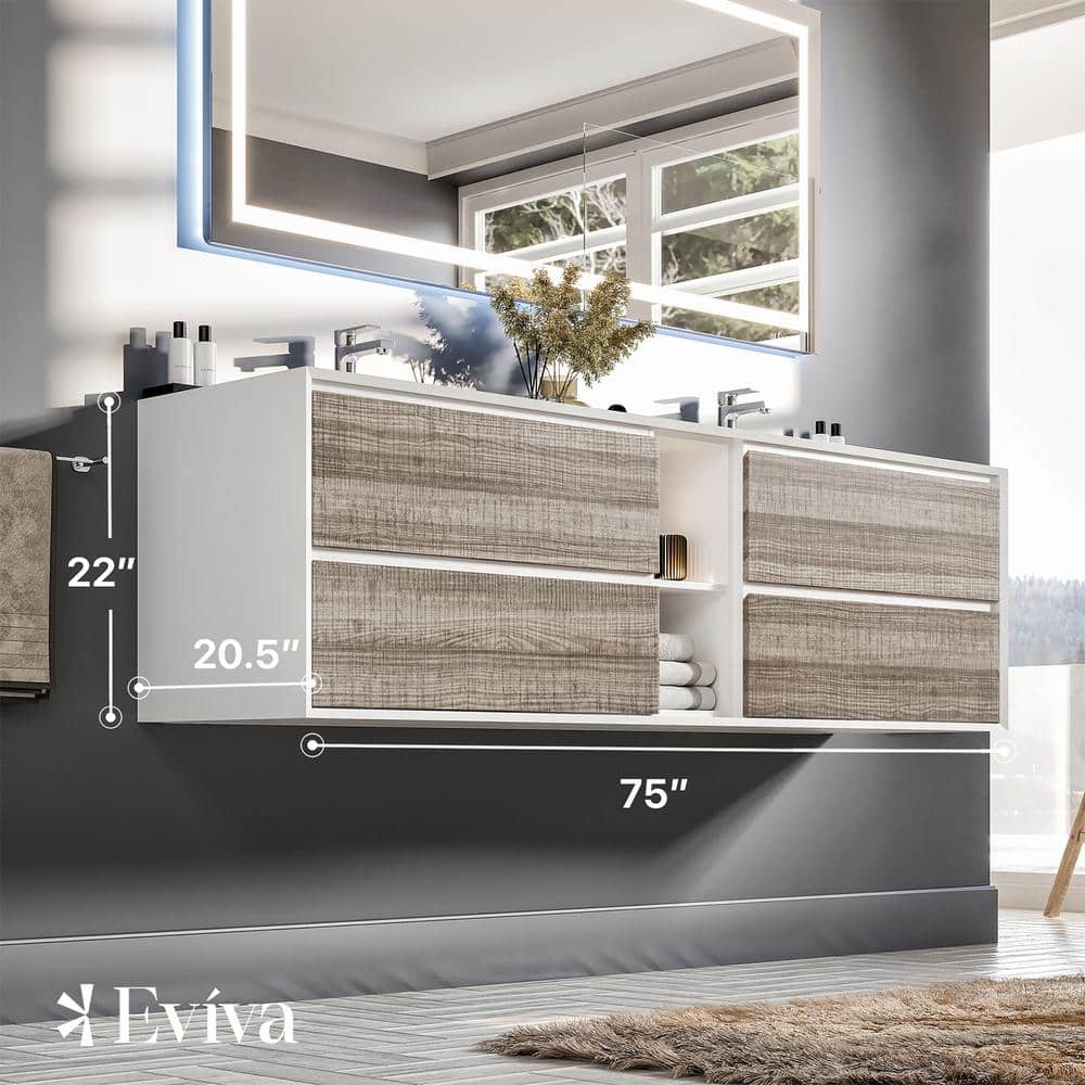 Vienna 75 in. W x 20.5 in. D x 22 in. H Floating Double Bathroom Vanity in Ash with Integrated Acrylic Top in White