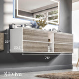 Vienna 75 in. W x 20.5 in. D x 22 in. H Floating Double Bathroom Vanity in Ash with Integrated Acrylic Top in White
