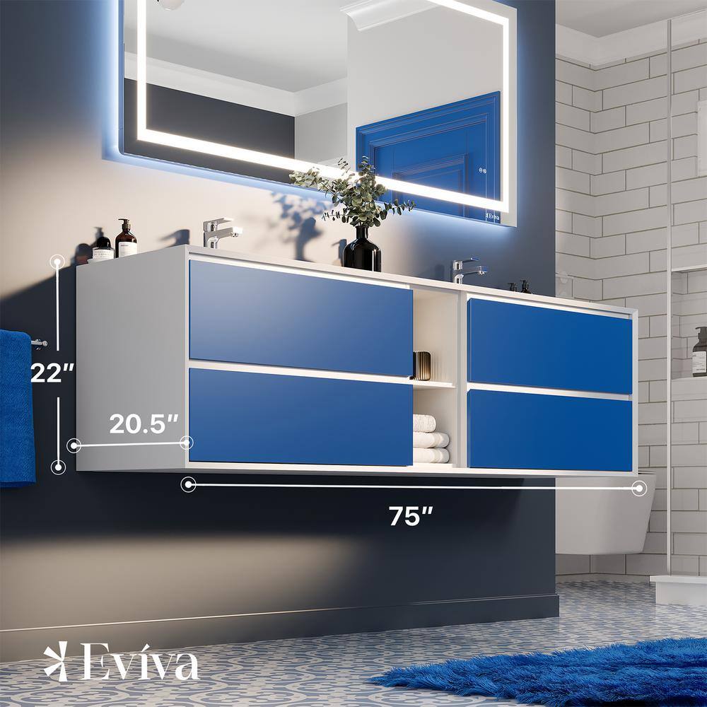 Vienna 75 in. W x 20.5 in. D x 22.5 in. H Floating Double Bathroom Vanity in Blue with White Acrylic Top