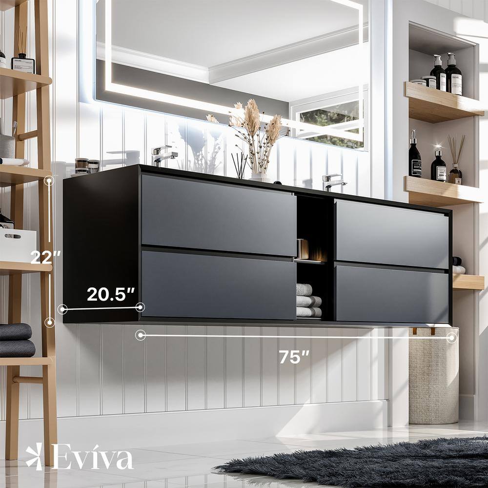 Vienna 75 in. W x 20.5 in. D x 22.5 in. H Floating Double Bathroom Vanity in Gray with Black Acrylic Top