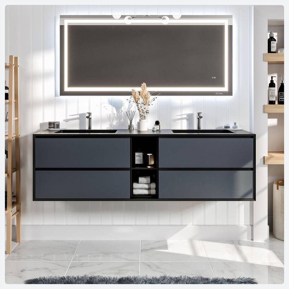 Vienna 75 in. W x 20.5 in. D x 22.5 in. H Floating Double Bathroom Vanity in Gray with Black Acrylic Top