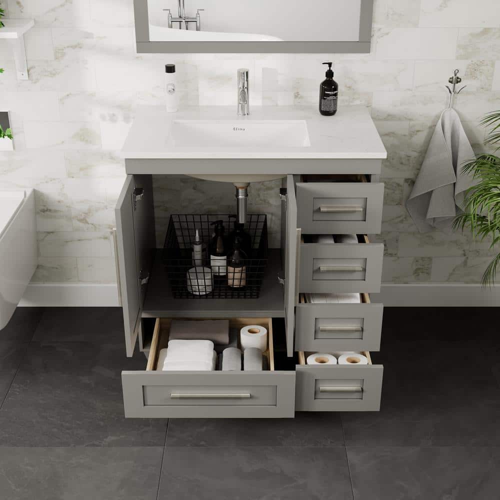 Eviva Loon 30 in. W. x 22 in. D x 34 in. H Bathroom Vanity in Gray with White Carrara Quartz Top and White Undermount Sink