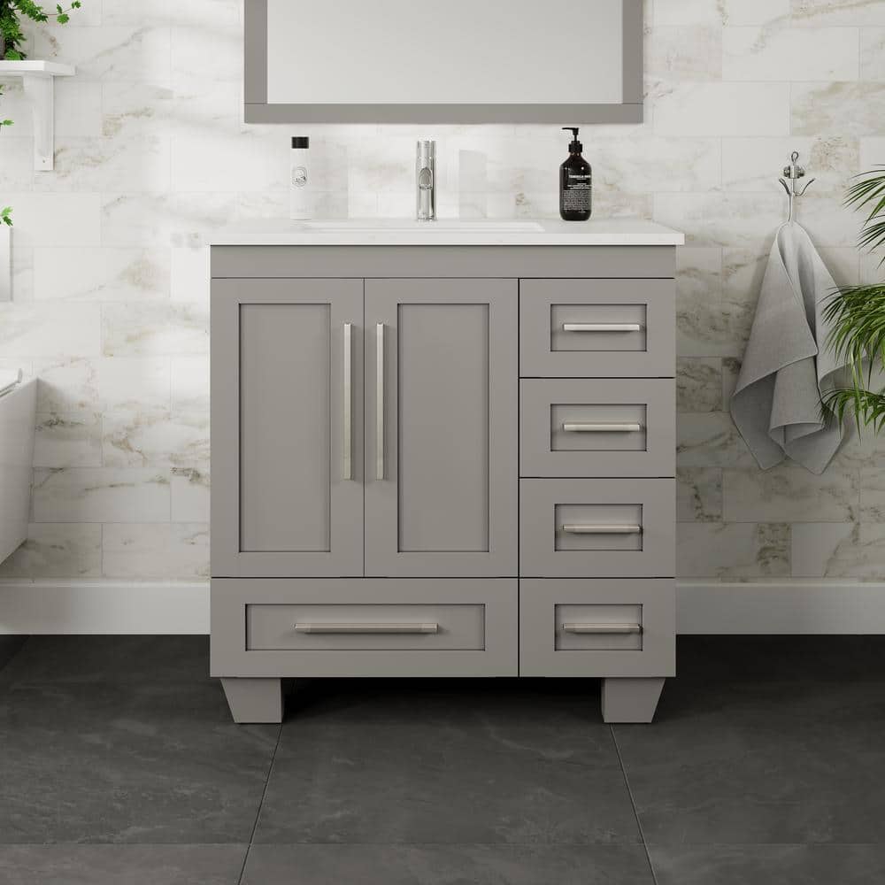 Eviva Loon 30 in. W. x 22 in. D x 34 in. H Bathroom Vanity in Gray with White Carrara Quartz Top and White Undermount Sink