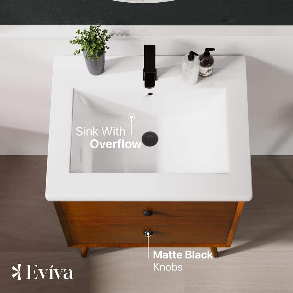 Eviva Caramel 24 in. W x 18 in. D x 34 in. H Single Sink Bath Vanity in Teak with White Porcelain Integrated Vanity Top
