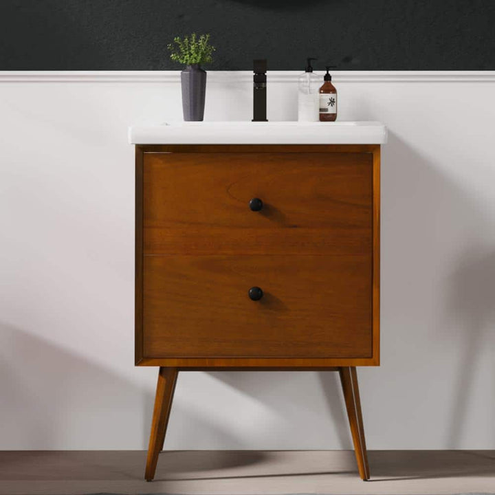Eviva Caramel 24 in. W x 18 in. D x 34 in. H Single Sink Bath Vanity in Teak with White Porcelain Integrated Vanity Top