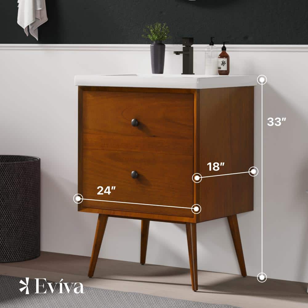 Eviva Caramel 24 in. W x 18 in. D x 34 in. H Single Sink Bath Vanity in Teak with White Porcelain Integrated Vanity Top