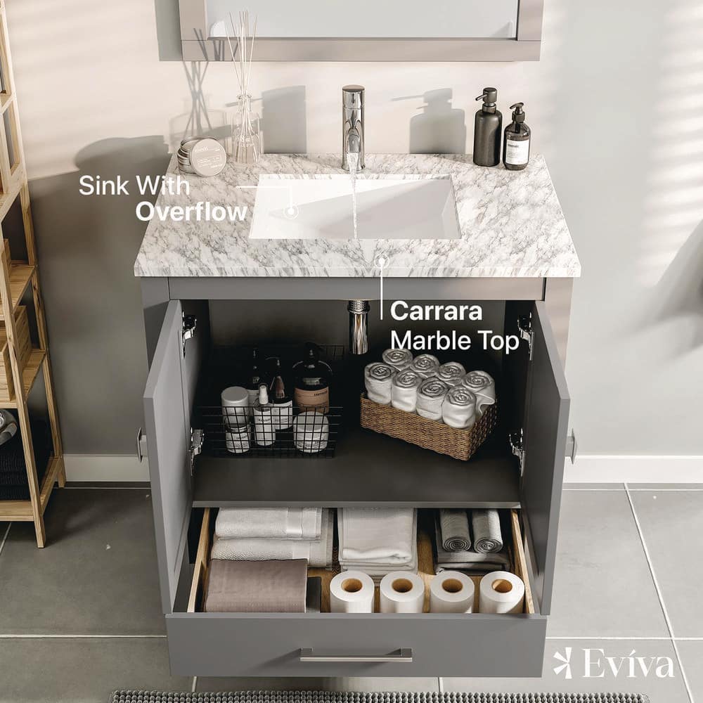 Eviva London 24 in. W x 18 in. D x 34 in. H Bathroom Vanity in Gray with White Carrara Marble Top with White Sink