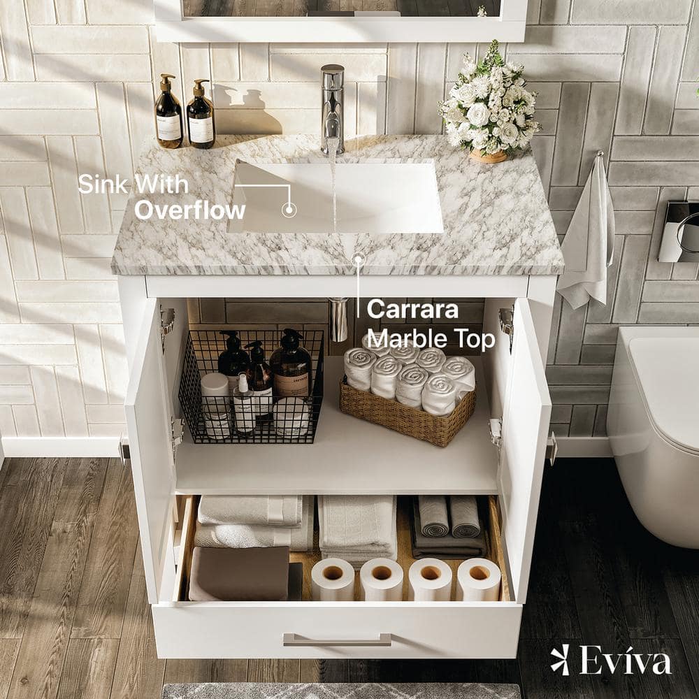 Eviva London 24 in. W x 18 in. D x 34 in. H Bathroom Vanity in White with White Carrara Marble Top with White Sink