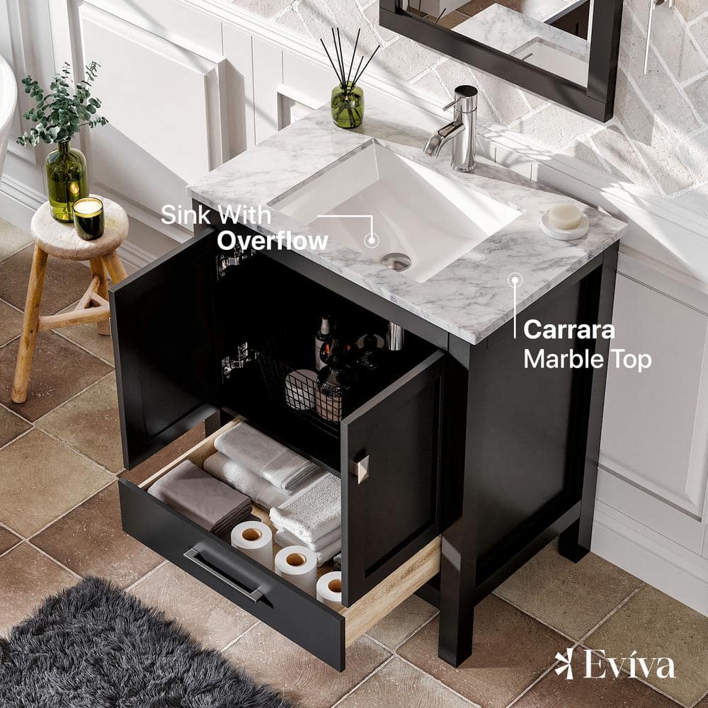 Eviva London 30 in. W x 18 in. D x 34 in. H Bathroom Vanity in Espresso with White Carrara Marble Top with White Sink