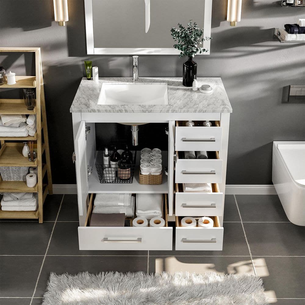 Eviva London 38 in. W x 18 in. D x 34 in. H Bathroom Vanity in White with White Carrara Marble Top with White Sink