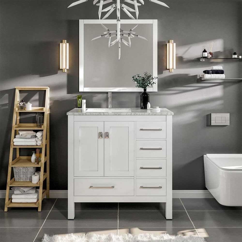 Eviva London 38 in. W x 18 in. D x 34 in. H Bathroom Vanity in White with White Carrara Marble Top with White Sink