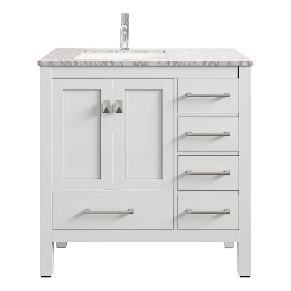 Eviva London 38 in. W x 18 in. D x 34 in. H Bathroom Vanity in White with White Carrara Marble Top with White Sink
