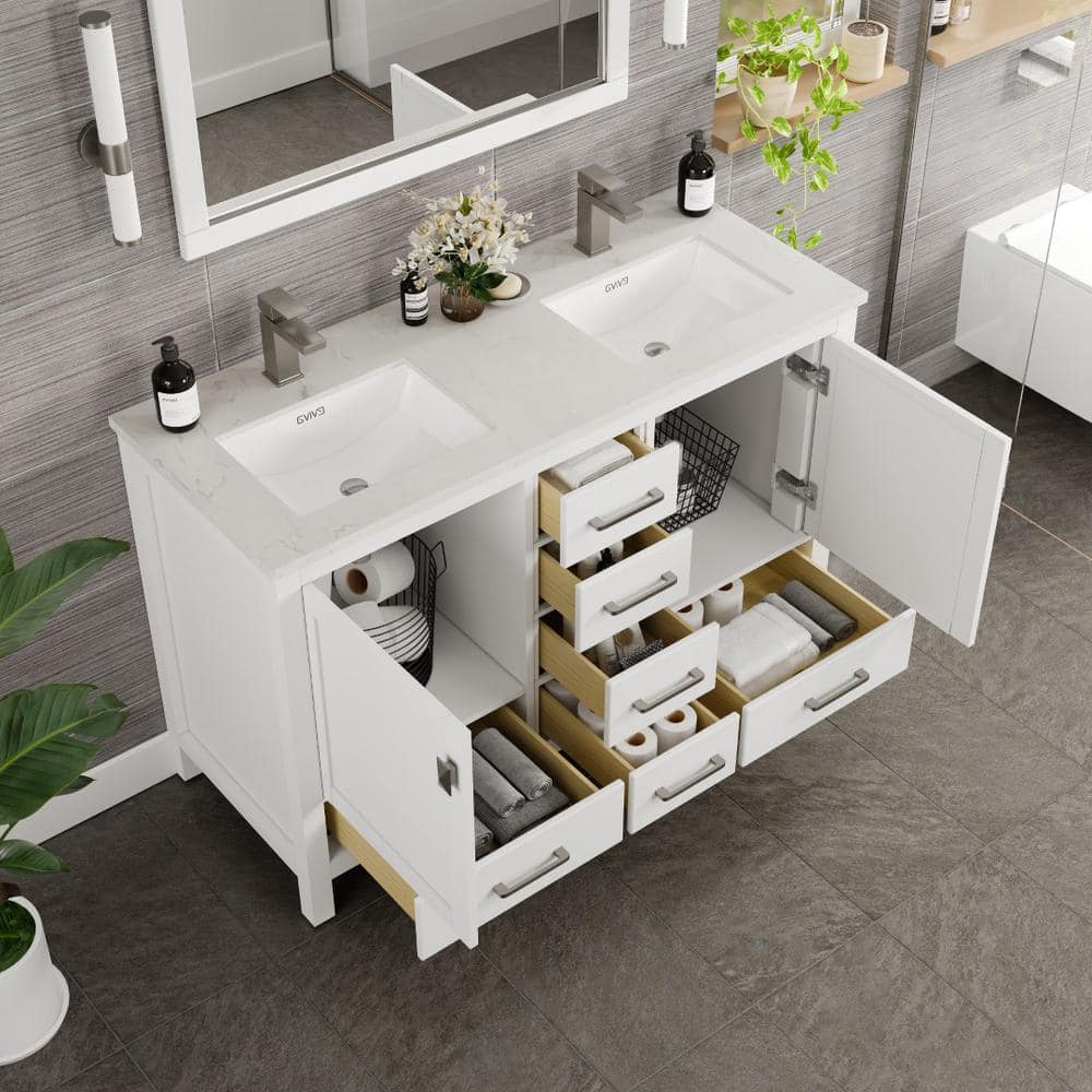 Eviva London 48 in. W x 18 in. D x 34 in. H Double Bathroom Vanity in White with White Carrara Marble Top and White Undermount Sinks