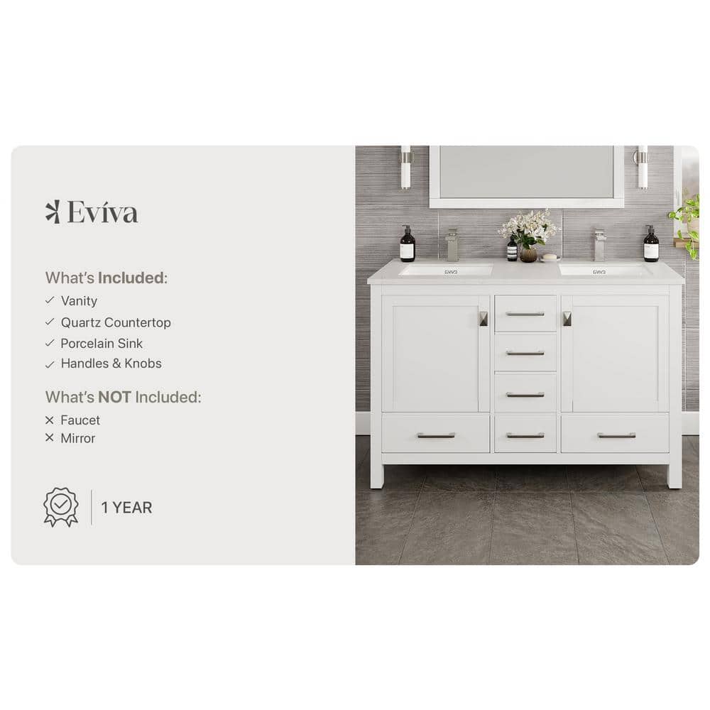 Eviva London 48 in. W x 18 in. D x 34 in. H Double Bathroom Vanity in White with White Carrara Marble Top and White Undermount Sinks