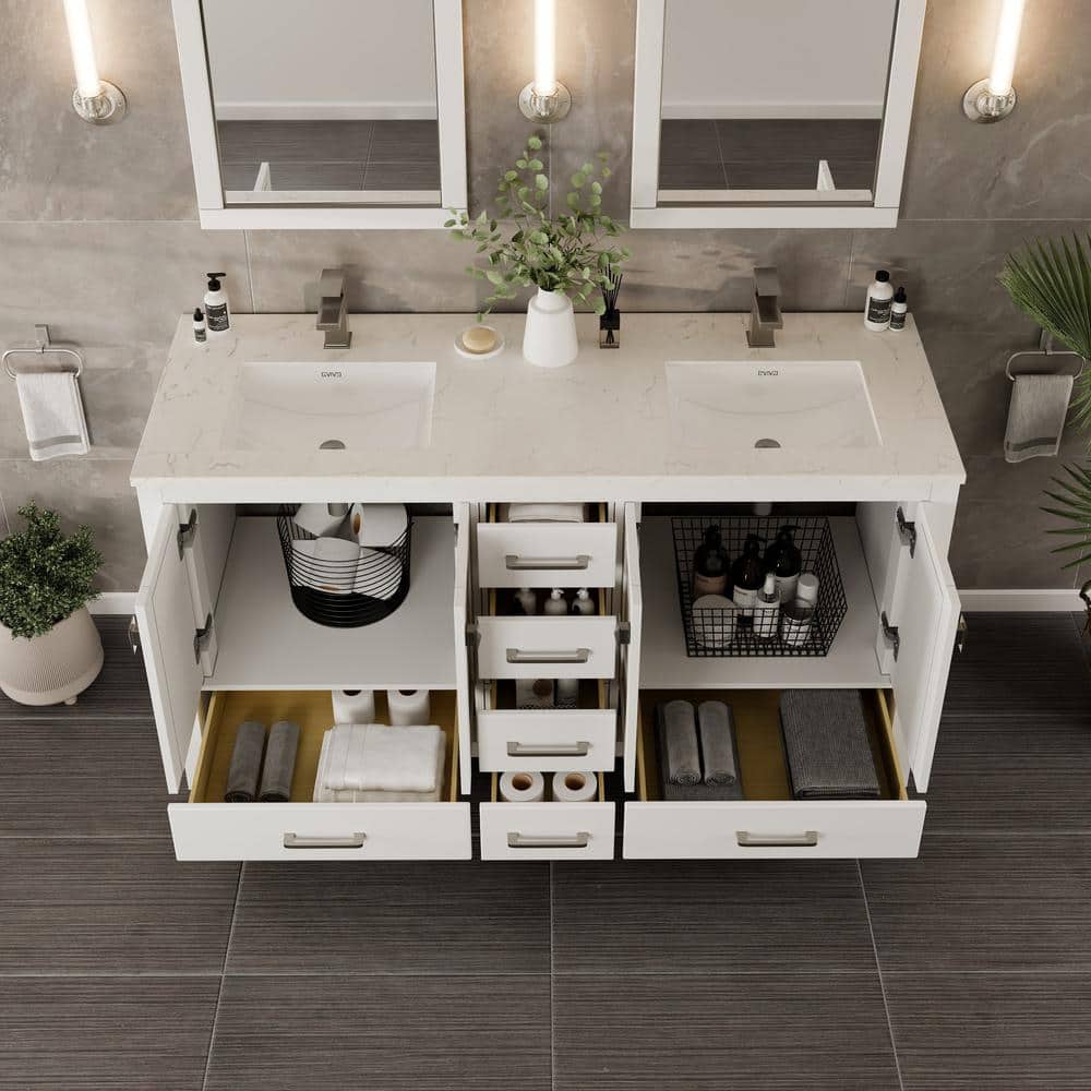 Eviva London 60 in. W x 18 in. D x 34 in. H Double Bathroom Vanity in White with White Carrara Marble Top and White Undermount Sinks