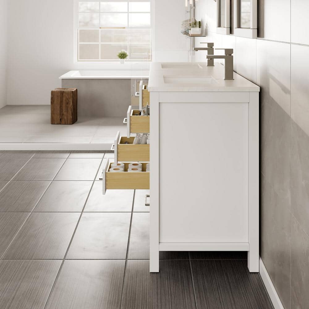 Eviva London 60 in. W x 18 in. D x 34 in. H Double Bathroom Vanity in White with White Carrara Marble Top and White Undermount Sinks