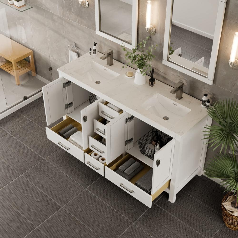Eviva London 60 in. W x 18 in. D x 34 in. H Double Bathroom Vanity in Gray with White Carrara Marble Top and White Sinks