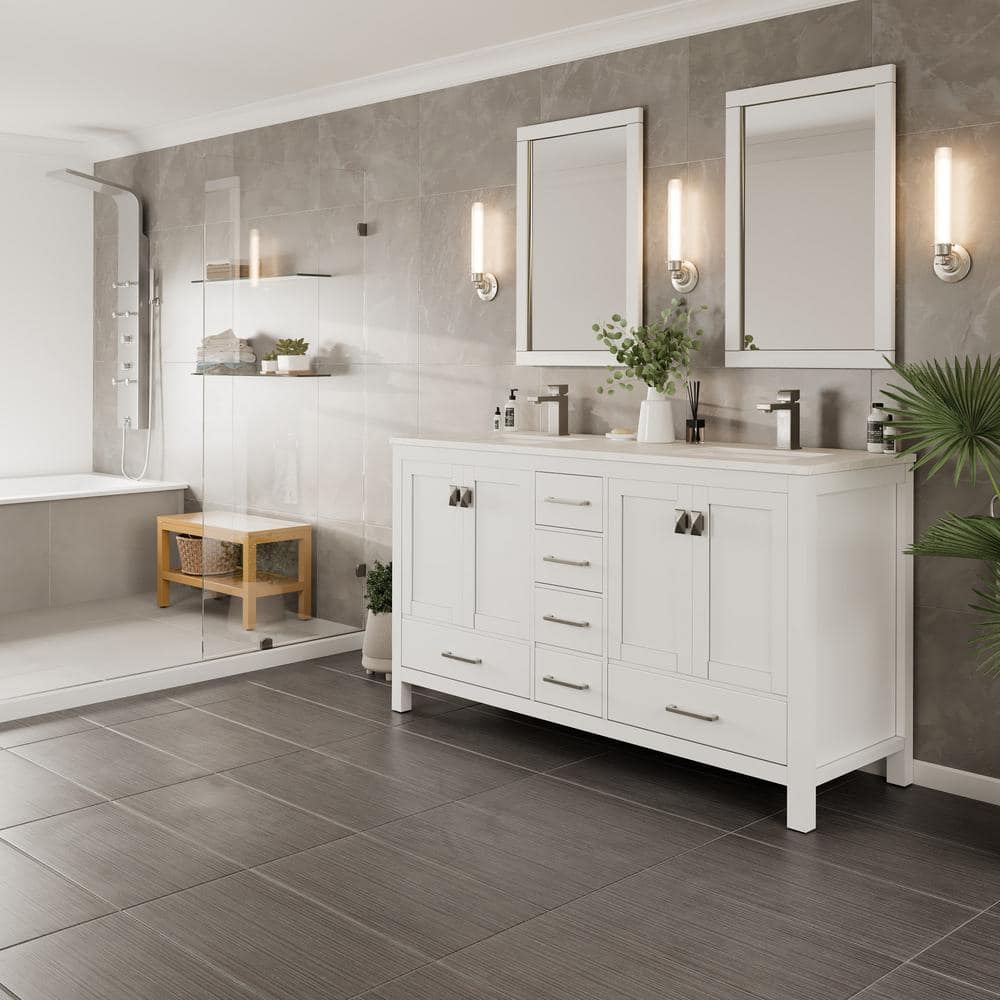 Eviva London 60 in. W x 18 in. D x 34 in. H Double Bathroom Vanity in Gray with White Carrara Marble Top and White Sinks