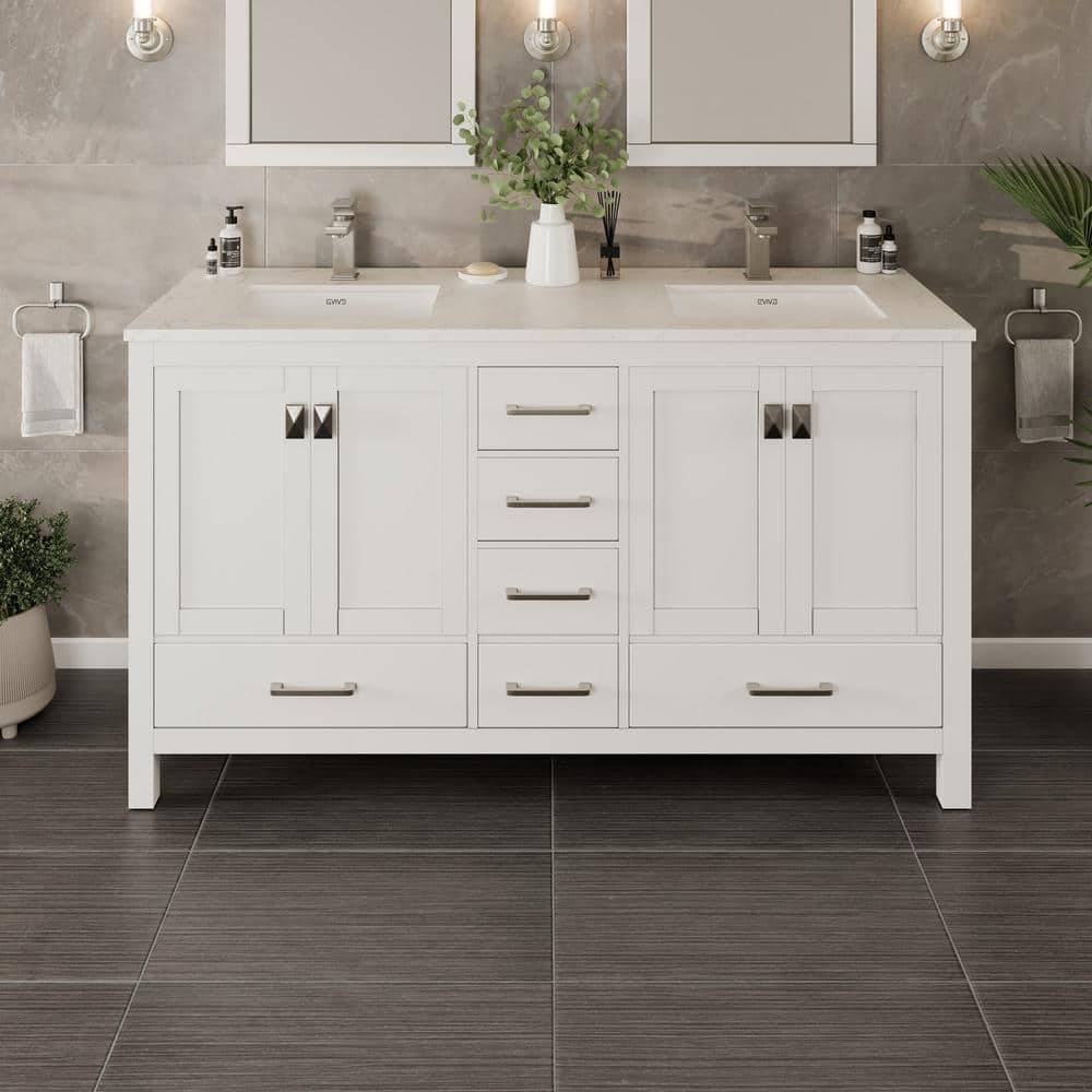 Eviva London 60 in. W x 18 in. D x 34 in. H Double Bathroom Vanity in Gray with White Carrara Marble Top and White Sinks