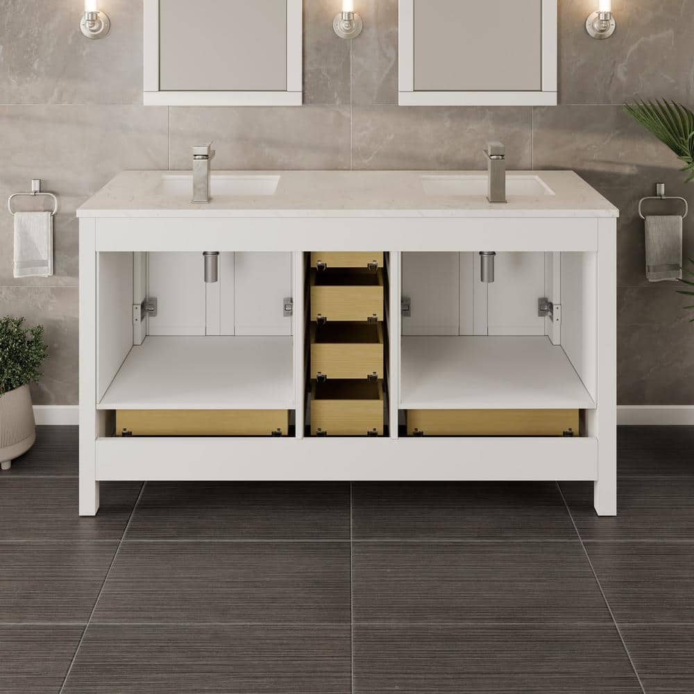 Eviva London 60 in. W x 18 in. D x 34 in. H Double Bathroom Vanity in White with White Carrara Marble Top and White Undermount Sinks