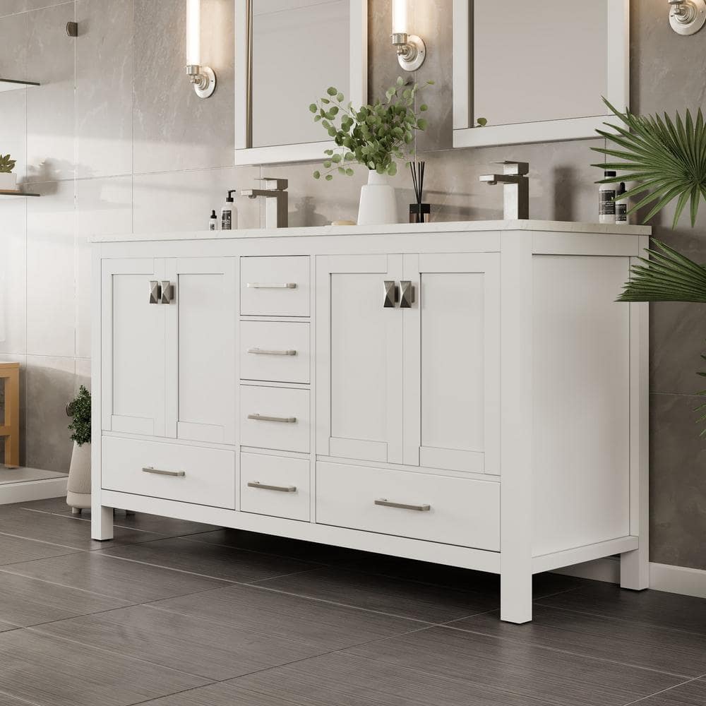 Eviva London 60 in. W x 18 in. D x 34 in. H Double Bathroom Vanity in White with White Carrara Marble Top and White Undermount Sinks