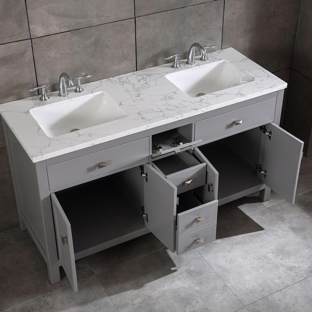 Eviva Memphis 60 in. W x 22 in. D x 33.7 in. H Double Bathroom Vanity in Gray with White Carrara Style Stone Top with Sinks