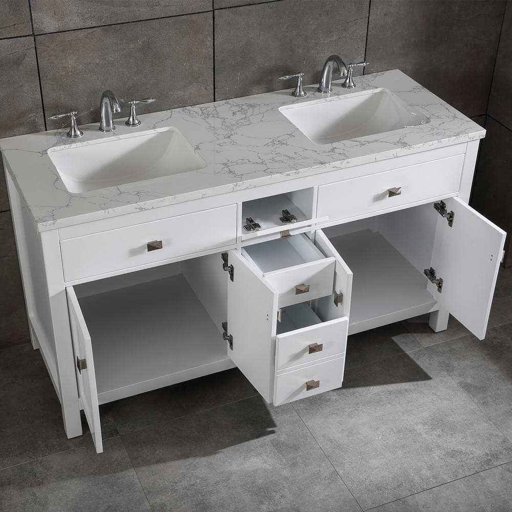 Eviva Memphis 60 in. W x 22 in. D x 33.7 in. H Double Bathroom Vanity in White with White Carrara Style Stone Top with Sinks