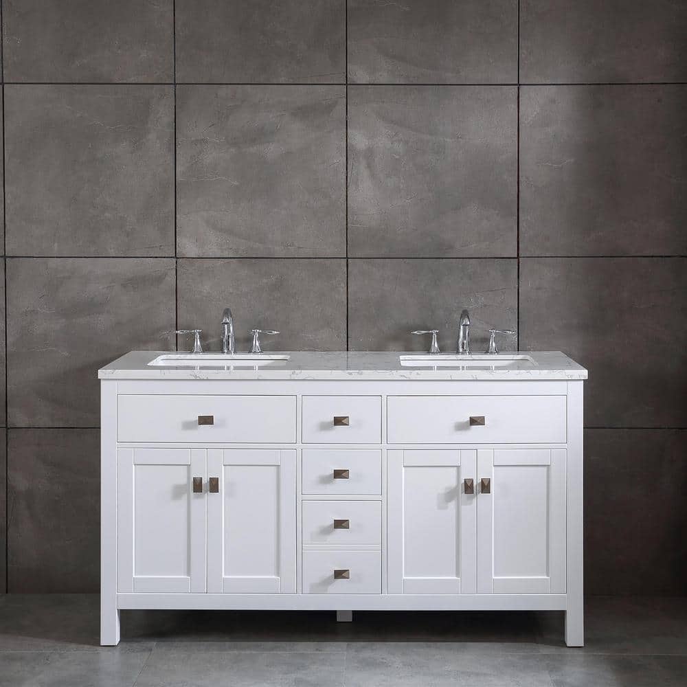 Eviva Memphis 60 in. W x 22 in. D x 33.7 in. H Double Bathroom Vanity in White with White Carrara Style Stone Top with Sinks