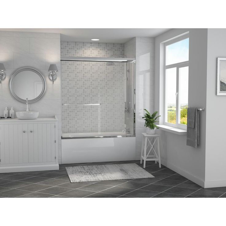 Paragon 3/16 B Series 64 in. x 57 in. Semi-Framed Sliding Tub Door with Towel Bar in Brushed Nickel and Clear Glass
