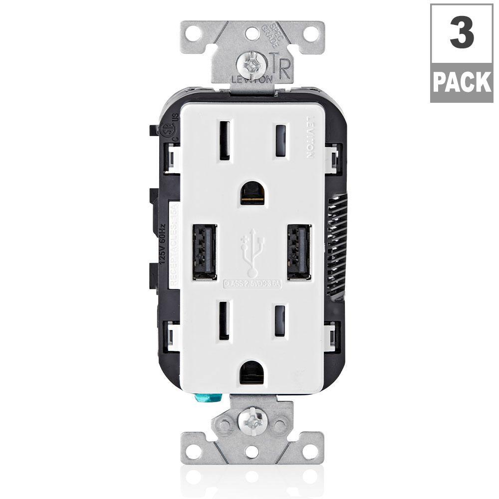 3.6A USB Dual Type A In-Wall Charger with 15 Amp Tamper-Resistant Outlets, White - Super Arbor