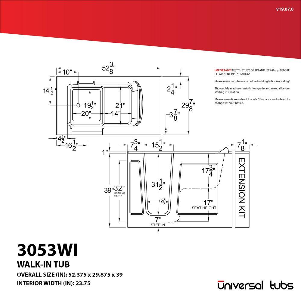 HD Series 53 in. Left Drain Quick Fill Walk-In Whirlpool Bath Tub with Powered Fast Drain in White - Super Arbor