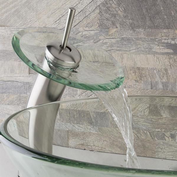 VIGO Glass Vessel Bathroom Sink in Clear Crystalline Glass with Waterfall Faucet Set in Brushed Nickel