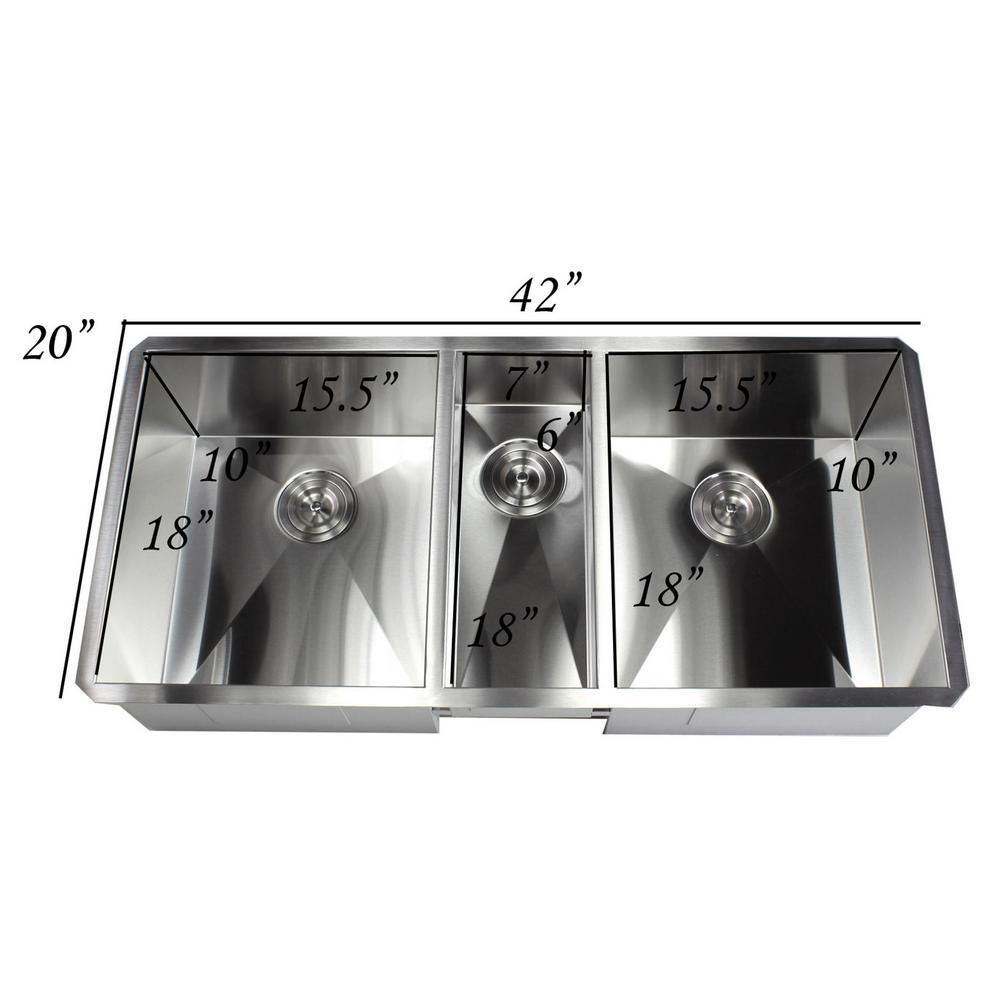 Undermount Stainless Steel 42 in. x 20 in. x 10 in. Deep 16-Gauge Triple Bowl 40/20/40 Zero Radius Kitchen Sink - Super Arbor