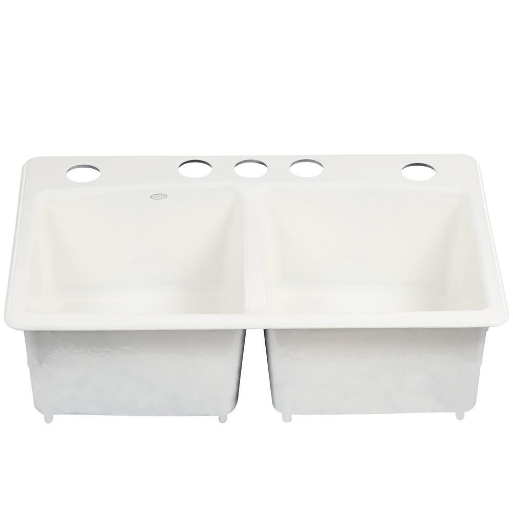 Brookfield Undermount Cast Iron 33 in. 5-Hole Double Bowl Kitchen Sink in White - Super Arbor