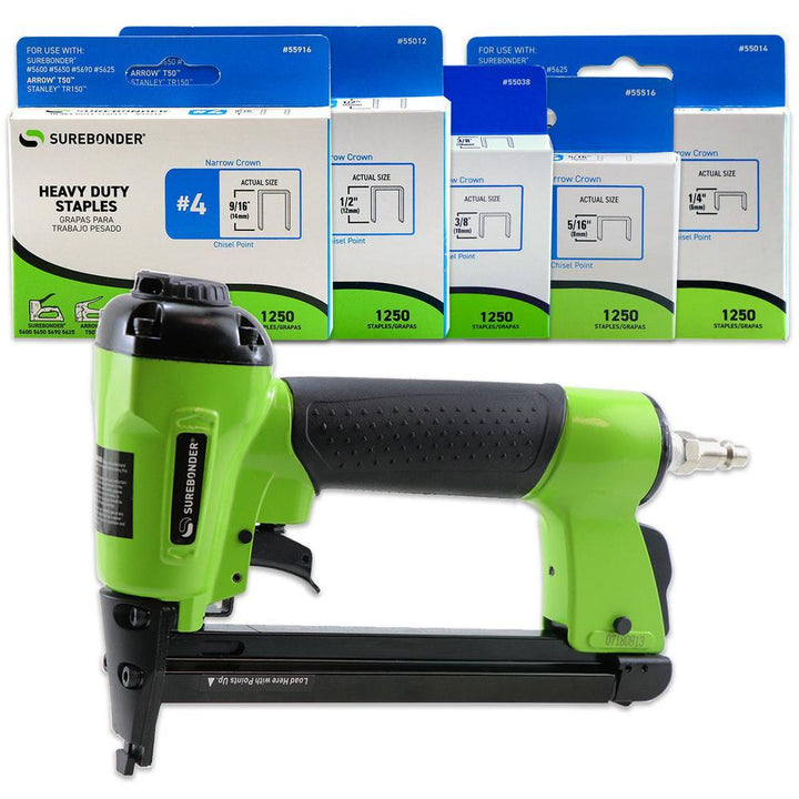 Pneumatic-7 Piece-Heavy Duty Standard Staple Gun/Staple Kit-1/4 in.,5/16 in.,3/8 in.,1/2 in. and 9/16 in. Staples Incl. - Super Arbor