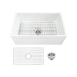 Farmhouse Apron Front Fireclay 33 in. Fluted Single Bowl Kitchen Sink in White with Grid and Strainer