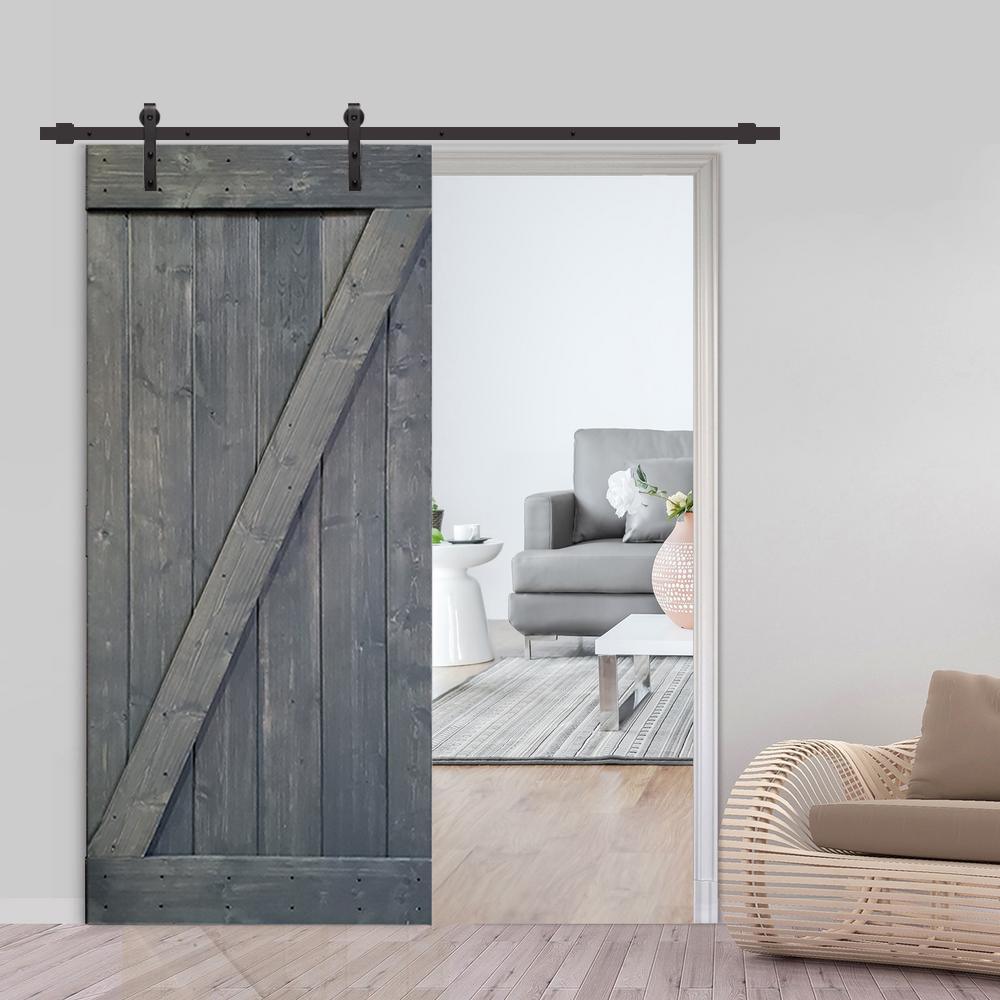 Z Series 30 in. x 84 in. Gray Knotty Pine Wood Interior Sliding Barn Door with Hardware Kit - Super Arbor